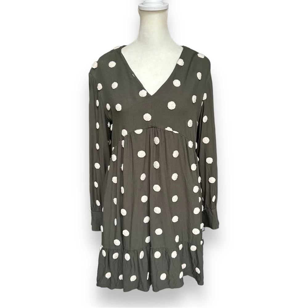Zara Khaki Green Embroidered Polka Dot Long Sleeve Baby-Doll Dress | Medium - Picture 5 of 14